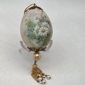 Hand-Painted Floral Porcelain Egg Ornament With Gold-Tone Accents & Pearl Tassel